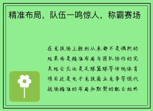 精准布局，队伍一鸣惊人，称霸赛场