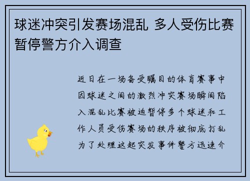 球迷冲突引发赛场混乱 多人受伤比赛暂停警方介入调查