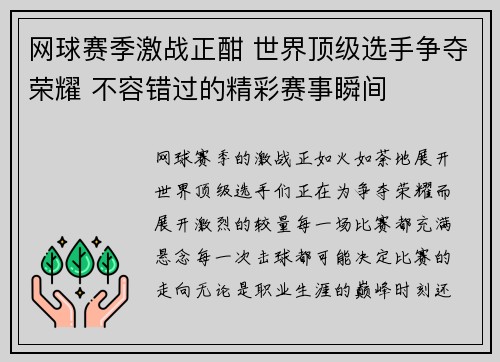 网球赛季激战正酣 世界顶级选手争夺荣耀 不容错过的精彩赛事瞬间