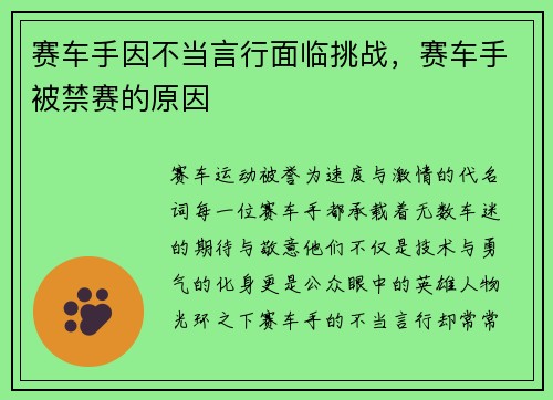 赛车手因不当言行面临挑战，赛车手被禁赛的原因
